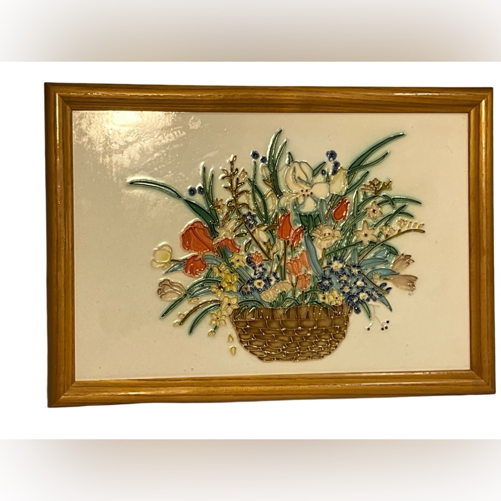 Vintage Relief Porcelain Tile Art Floral Arrangement Coquette Brat Cottage Core